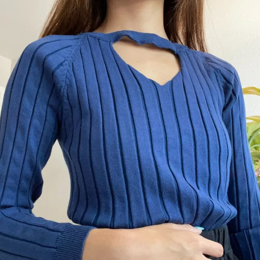 Royal Blue Cut Out Ribbed Sweater
